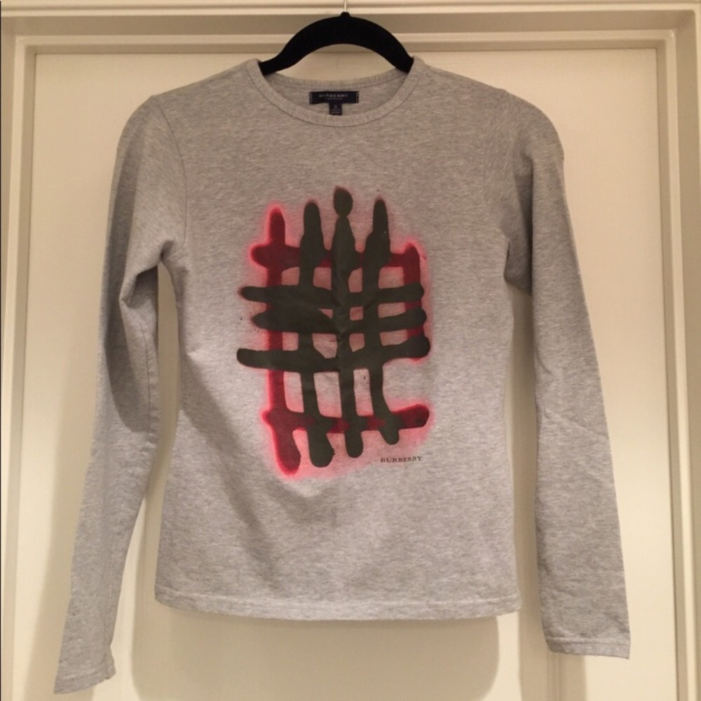 Burberry Gray Long Sleeve Tee with Red and Black Design